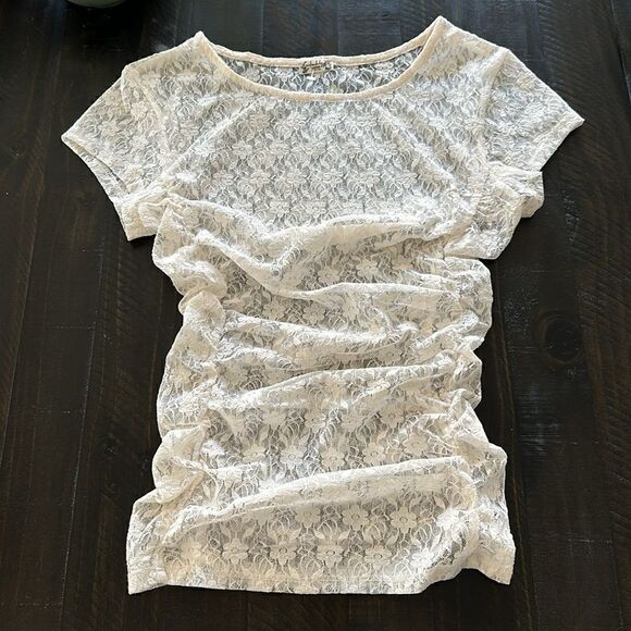 NWOT Free People Keep It Simple Lace Baby Tee Ivory Ruched Semi Sheer Fitted XS - Picture 8 of 14